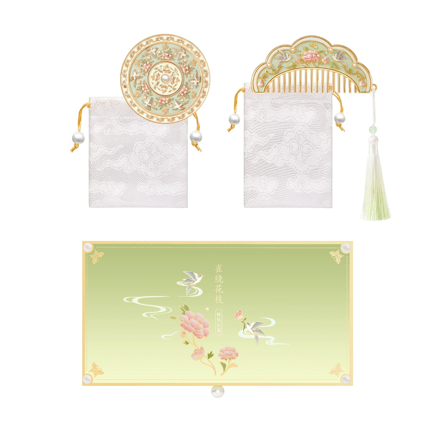 故宮からお届け | 故宮博物院の遺物にインスパイアされた携帯用鏡 – 手持ち式、ブロンズ調、折りたたみ式、コーム付きギフトセット