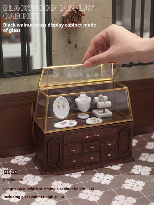 1/6 scale dollhouse blythe miniature sceneBJD black walnut brass glass display case
