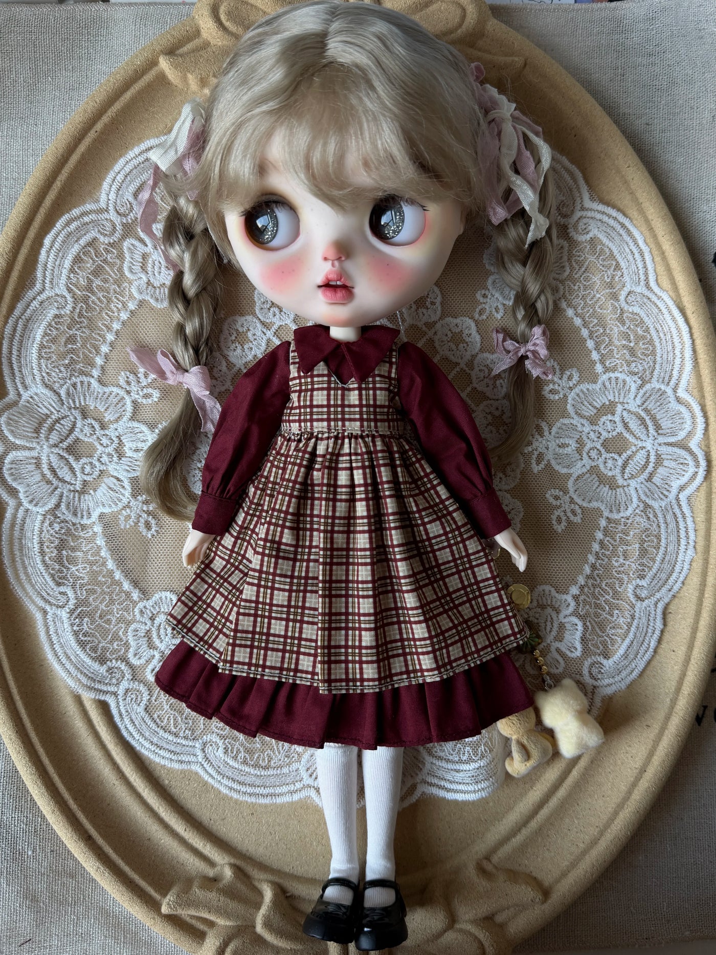 现货小布Blythe 娃衣ob24红色格子连衣裙长袖裙19关节可穿azone