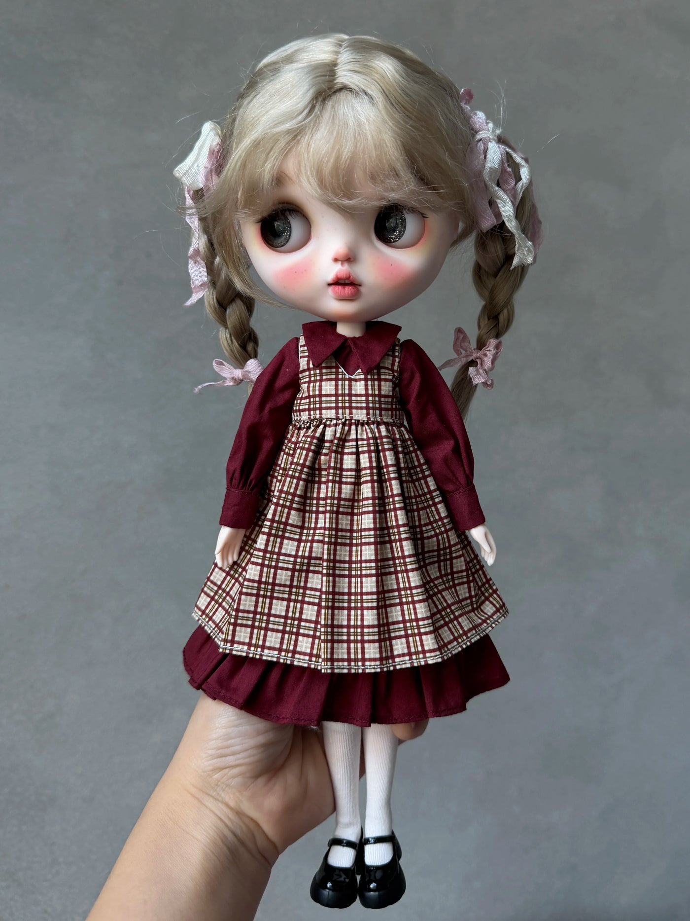 1/6 Scale Burgundy Plaid Apron Dress Set | Vintage 2-Piece Doll Outfit | Separately Wearable