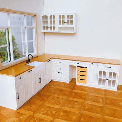 1/6 Scale Dollhouse Kitchen Furniture Set – 9-Piece Modular Cabinets in White  | BJD & Blythe Miniature Kitchen