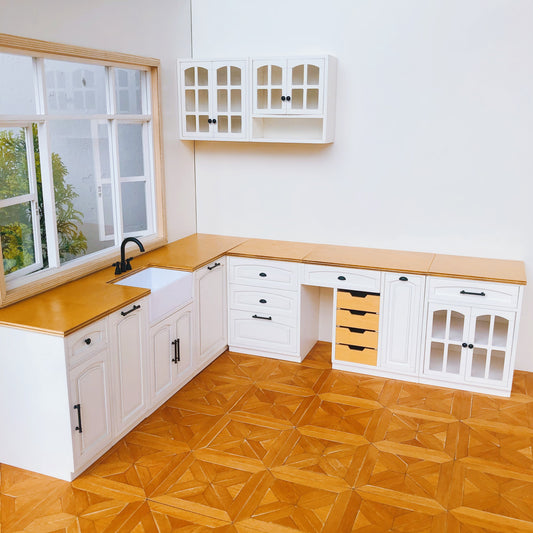 1/6 Scale Dollhouse Kitchen Furniture Set  9-Piece Modular Cabinets in White  | BJD & Blythe Miniature Kitchen full set