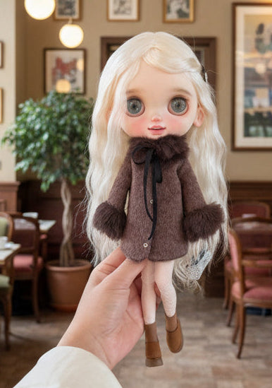 Brown Faux Fur Collar Coat for Blythe, Obitsu24 & Obitsu22 | Elegant Lady Style Winter Outerwear