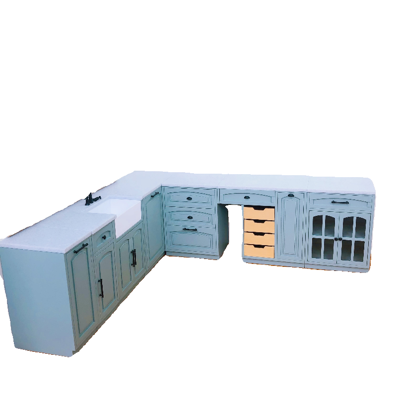1/6スケール ドールハウス キッチン家具セット – 9ピース モジュラーキャビネット（ホワイト＆ヴィンテージブルー） | BJD＆ブライス ミニチュアキッチン