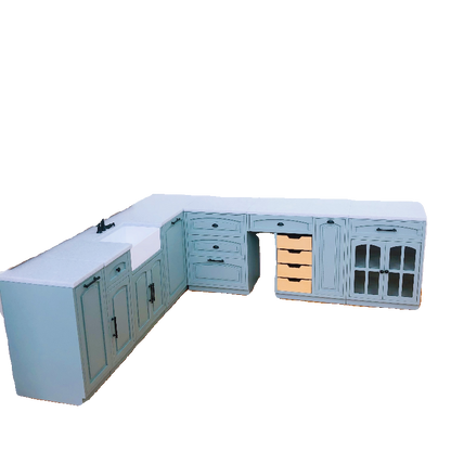 1/6スケール ドールハウス キッチン家具セット – 9ピース モジュラーキャビネット（ホワイト＆ヴィンテージブルー） | BJD＆ブライス ミニチュアキッチン