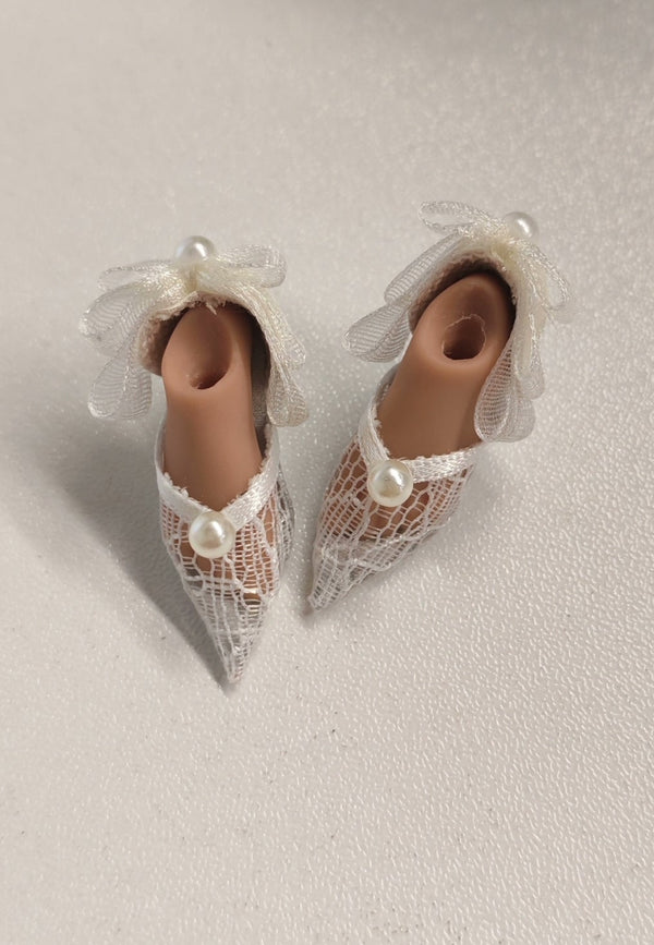 1/6 Scale Pearl Lace Low Heel Doll Shoes | Bow Heel
