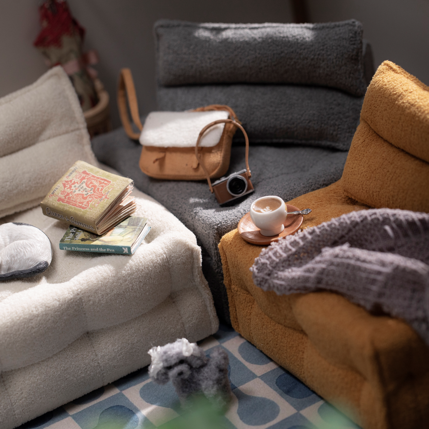 1/6 Scale Modern Cube Sofa for Dolls | Miniature Couch | White, Yellow, Grey