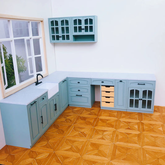 1/6 Scale Dollhouse Kitchen Furniture Set – 9-Piece Modular Cabinets in White & Vintage Blue | BJD & Blythe Miniature Kitchen