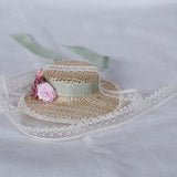 Handmade straw hat for 1/6 scale dolls, perfect for summer outfits, cottagecore styling, and elegant doll fashion.