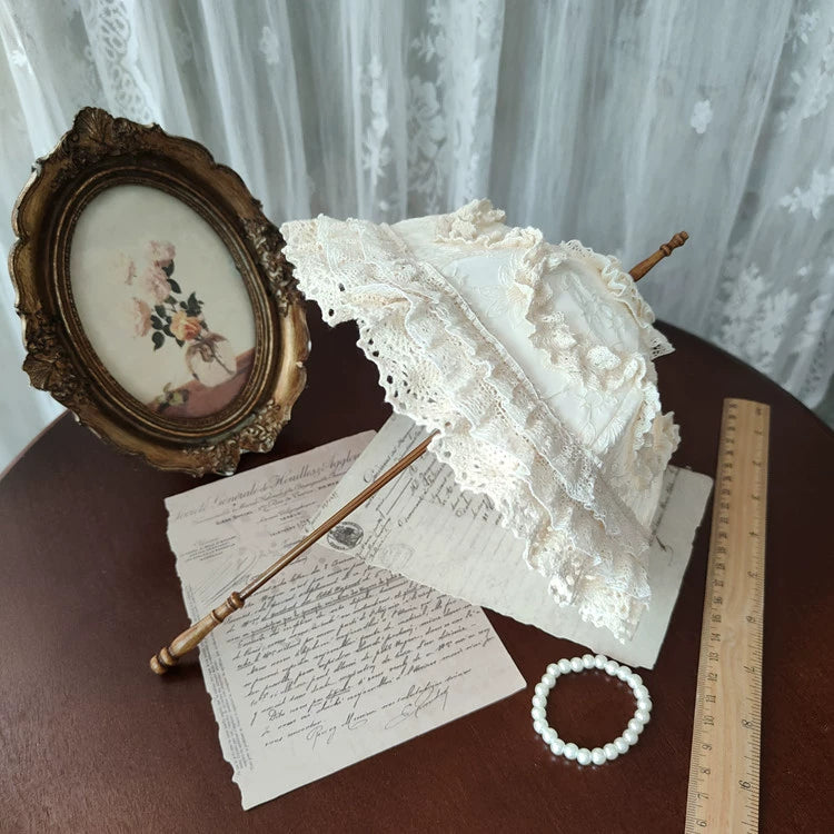 BJD Baby's Long Handle Antique Umbrella Original Homemade 1/3 Size Doll and 1/4 Size Doll with Umbrella that Can Open and Close