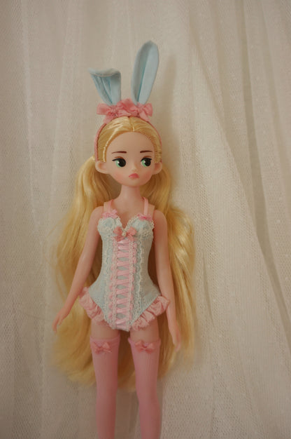 One-piece Corset Bodysuit & Stockings Set for Blythe, Obitsu24, Azone, Momoko, Obitsu22 Dolls – Multiple Sizes | Red & Pink-Blue | Optional Bunny Ears