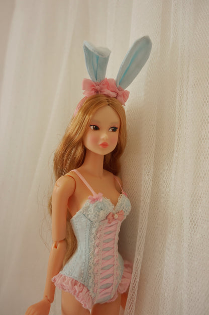 One-piece Corset Bodysuit & Stockings Set for Blythe, Obitsu24, Azone, Momoko, Obitsu22 Dolls – Multiple Sizes | Red & Pink-Blue | Optional Bunny Ears