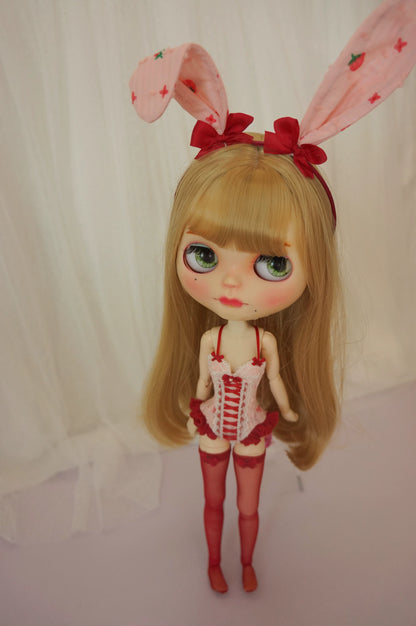 One-piece Corset Bodysuit & Stockings Set for Blythe, Obitsu24, Azone, Momoko, Obitsu22 Dolls – Multiple Sizes | Red & Pink-Blue | Optional Bunny Ears