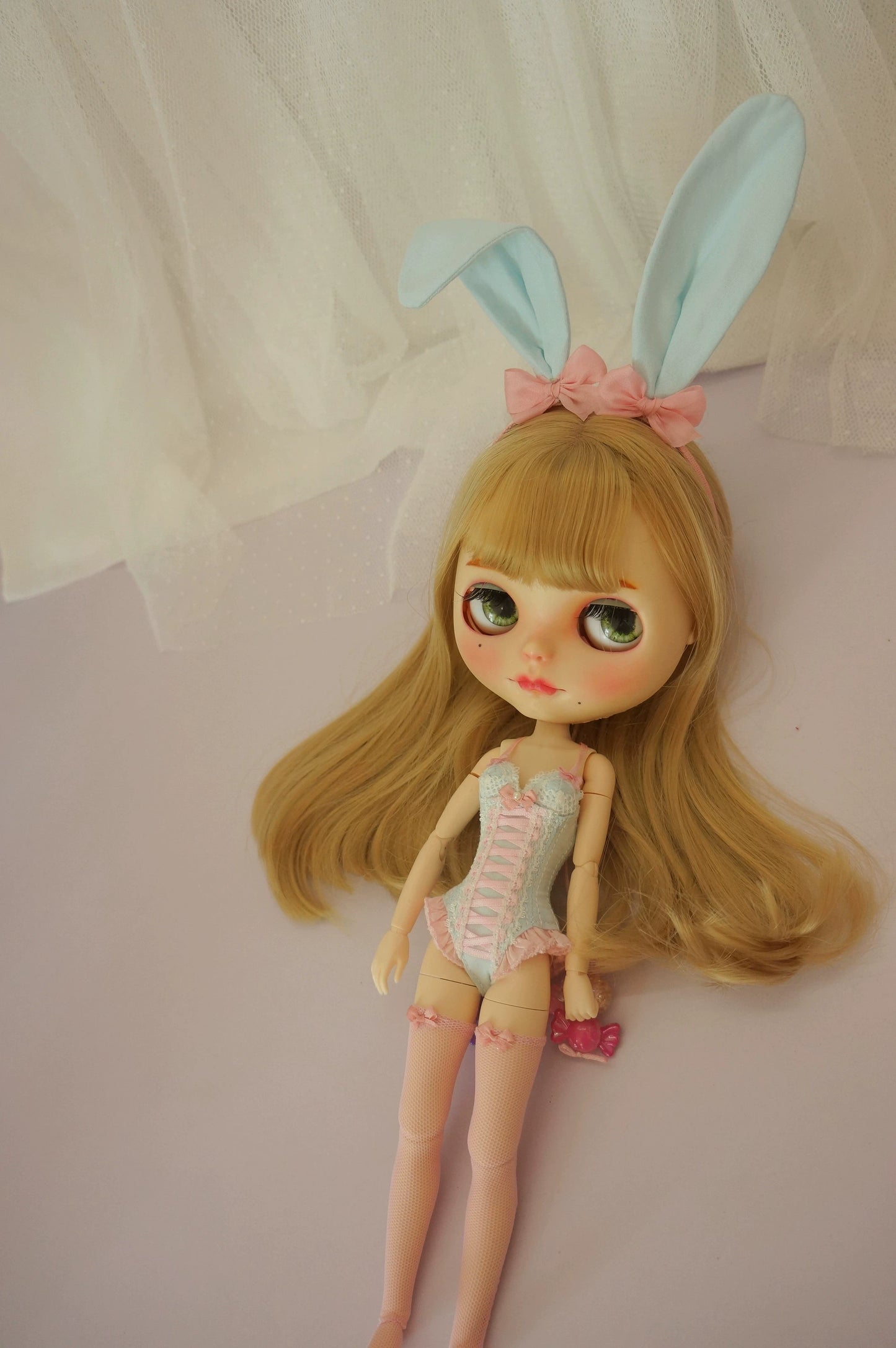 One-piece Corset Bodysuit & Stockings Set for Blythe, Obitsu24, Azone, Momoko, Obitsu22 Dolls – Multiple Sizes | Red & Pink-Blue | Optional Bunny Ears