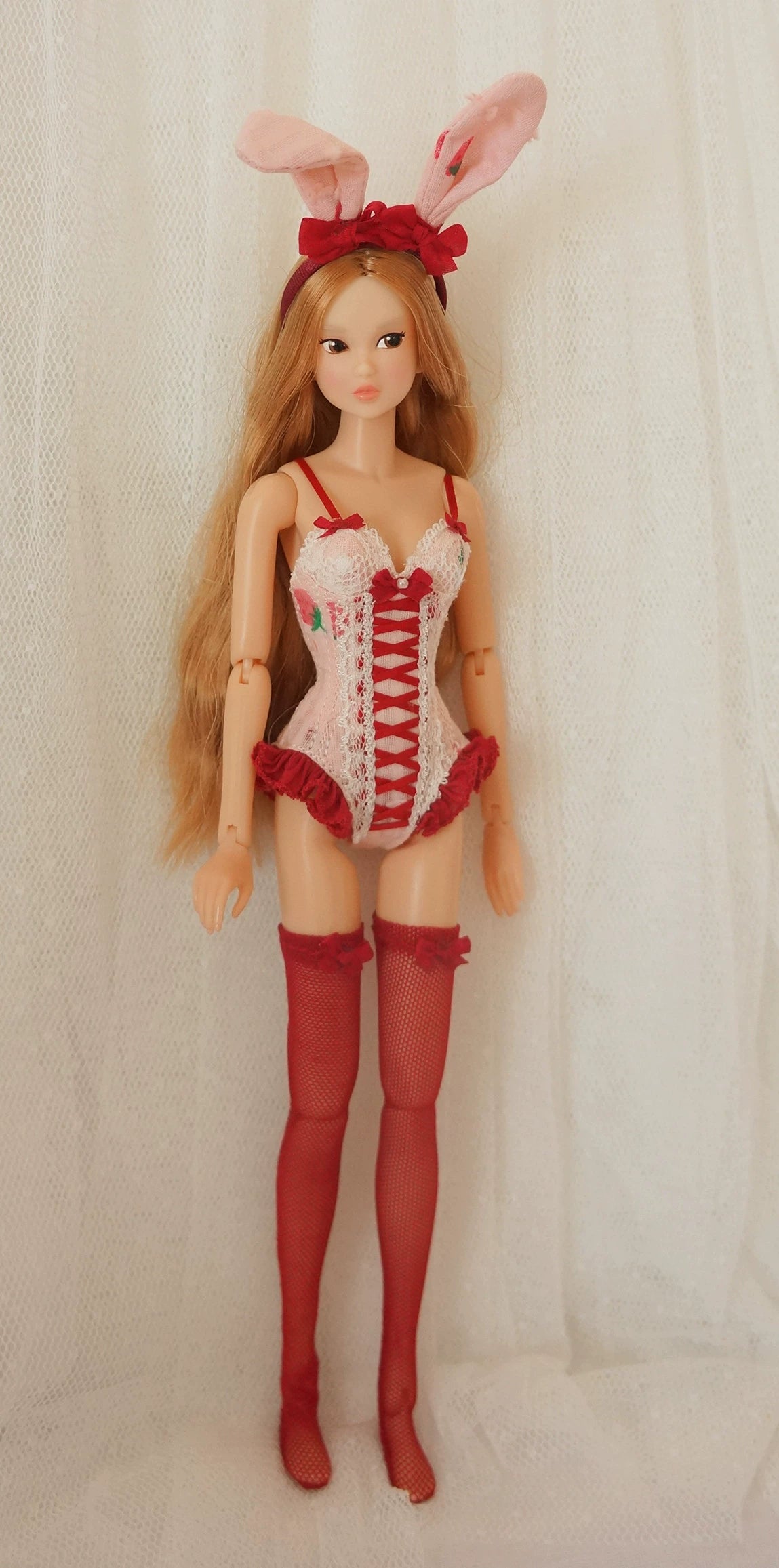 One-piece Corset Bodysuit & Stockings Set for Blythe, Obitsu24, Azone, Momoko, Obitsu22 Dolls – Multiple Sizes | Red & Pink-Blue | Optional Bunny Ears