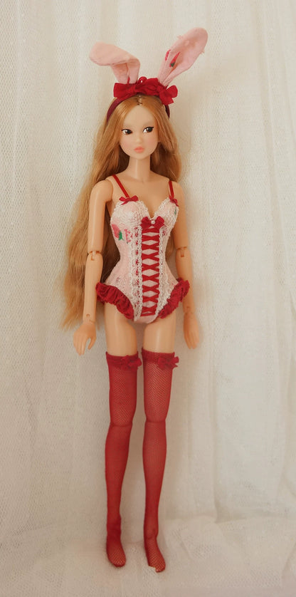 One-piece Corset Bodysuit & Stockings Set for Blythe, Obitsu24, Azone, Momoko, Obitsu22 Dolls – Multiple Sizes | Red & Pink-Blue | Optional Bunny Ears