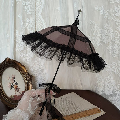 Handmade dark pink Rococo parasol with black lace, perfect for 1/3 and 1/4 BJD dolls. Ideal for gothic, fantasy, and aristocratic photo scenes.